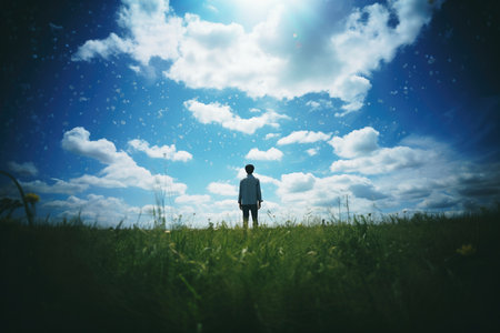 Back view of a man standing in the middle of the field and looking at the skyの素材