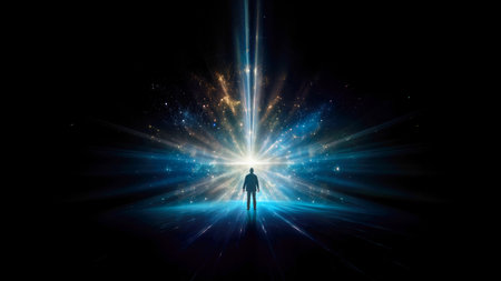 Man in front of a light beam on a dark backgroundの素材