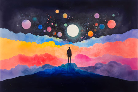 Man standing on top of a mountain and looking at the moon.の素材