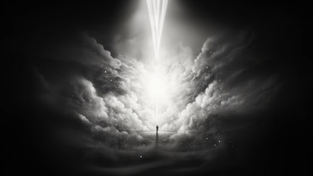 Silhouette of a man standing in a dark cloud with a light beam in the backgroundの素材