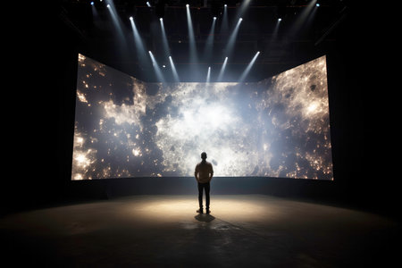 Silhouette of a man standing in front of the heavensの素材