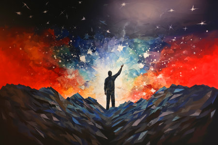 Silhouette of a man standing on the top of the mountain and raising his hand upの素材