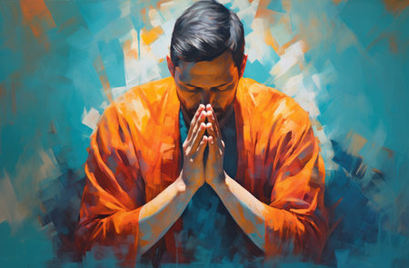 Portrait of a young man in bright orange praying.の素材