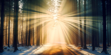 Winter road in the forest with rays of light and lens flare effectの素材