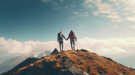 Couple in love holding hands on top of a mountain. Man and woman standing on top of the mountain and looking at the landscape.の素材