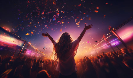 Young woman dancing at a music festival with confetti around her.の素材