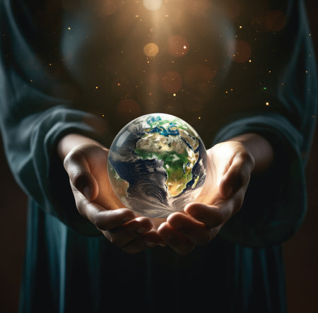 Human hands holding Earth planet.の素材