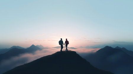 Silhouette of a loving couple standing on the top of the mountain at sunsetの素材