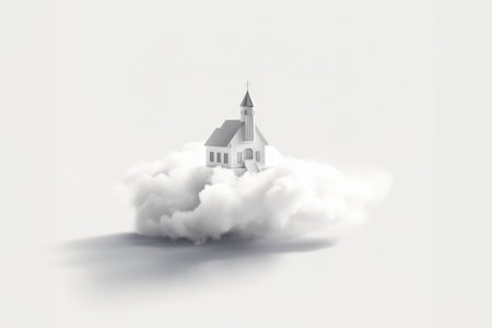 Little white church in the clouds on white background. 3D renderingの素材