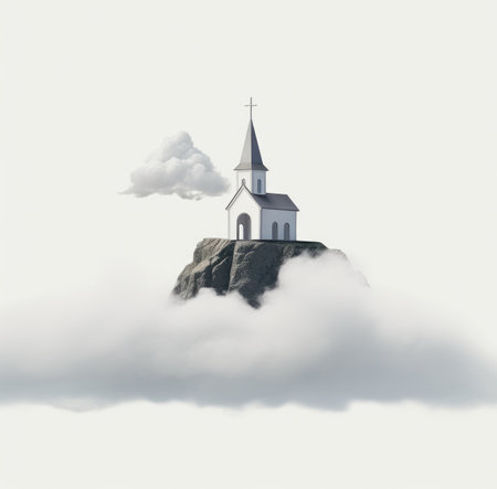 Church on a rock in the clouds, 3d rendering.の素材