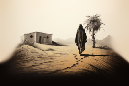 Parable of the Prodigal Son. Desert landscape with a hut and palm treesの素材