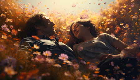 Young couple in love lying on the meadow with flowers. Love concept.の素材