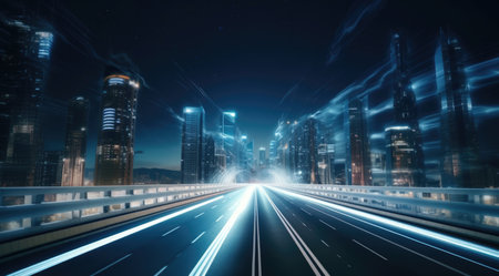 highway with motion blur and cityscape at night in shanghaiの素材