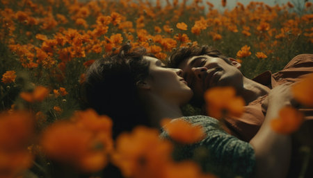 Young romantic couple in love lying on the field of poppiesの素材