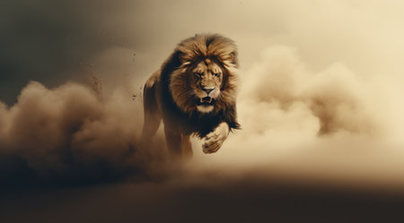 Lion in the clouds - 3D render of a male lionの素材