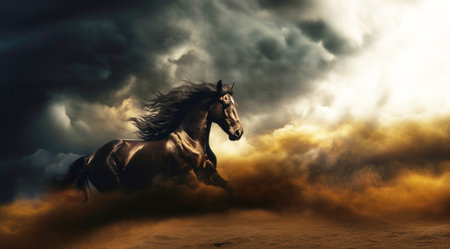 Horse running in the desert with stormy skyの素材