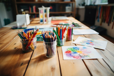 Paints and pencils on a wooden table in a schoolの素材