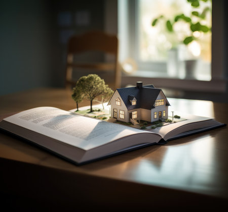 House model and book on a wooden table. Real estate concept.の素材