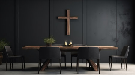 Interior of modern dining room with wooden table and black chairs. Christian home interiorの素材