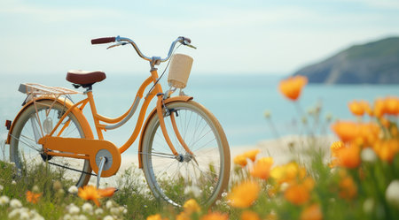 Bicycle in a meadow with flowers and the sea in the backgroundの素材