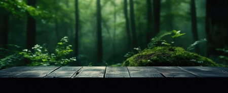 Empty table with forest in the background. Product display montagesの素材