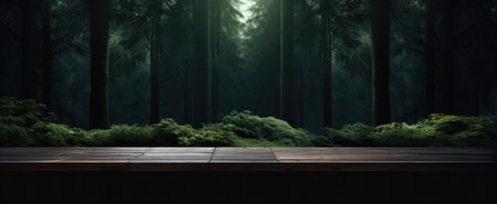 Empty wooden table in dark forest. Ready for product display montageの素材