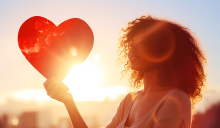 Beautiful young woman holding a red heart on a light backgroundの素材
