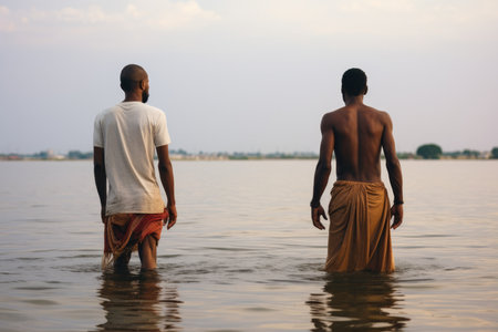Baptism. Two black men standing in the waterの素材