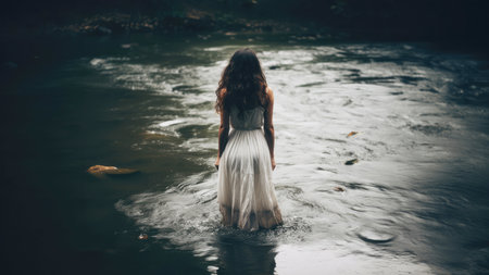 Baptism. Beautiful girl in a long white dress standing in the river.の素材