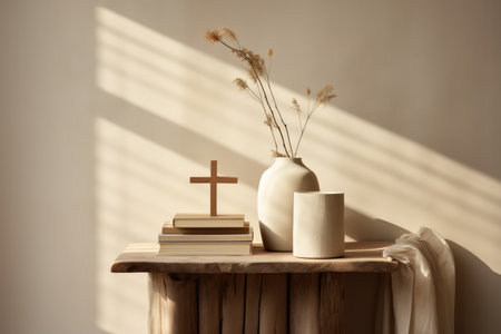 Christian home interior. Wooden table with books, vase with dried flowers and cross on the wallの素材