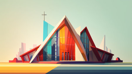 Christian architecture. Illustration of a modern, colorful church in the mountains.の素材