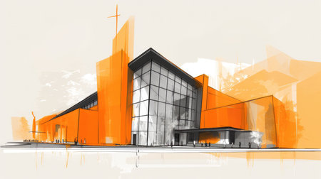 Christian architecture. Illustration of a modern church with geometrical shapesの素材