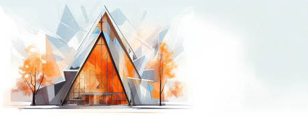 Christian architecture. Illustration of a modern church with geometrical shapesの素材