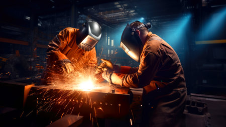Industrial worker in safety mask and protective mask welding steel structure in factoryの素材