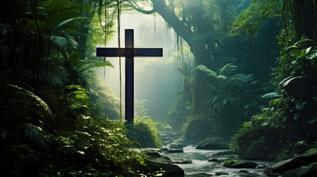 Searching for Christ, a journey towards Faith. A Cross in the luxurious green rain forest among the treesの素材