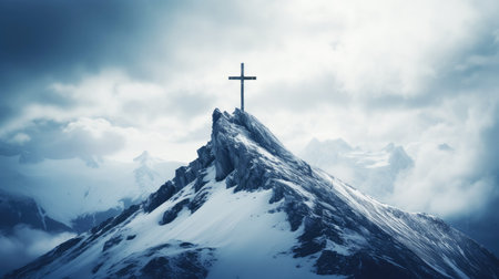 Searching for Christ, a journey towards Faith. A Cross in the peak of a snowy mountain chain amidst the cloudsの素材