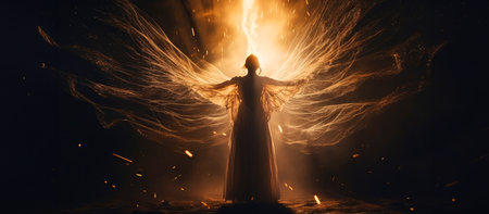 Angel, the messenger of God. Woman spreading her arms under wings with a night sky backgroundの素材