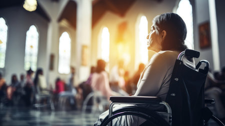 Side view of a disabled woman in a wheelchair in a church.の素材