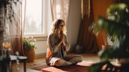 Young woman praying on the floor near the window in the morning, in her boho interiorの素材