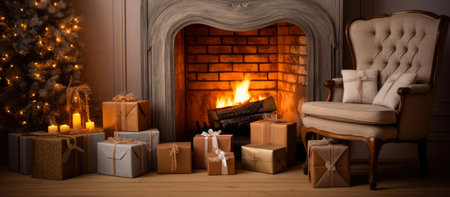 Christmas presents and fireplace in a cozy living room with a Christmas tree.の素材