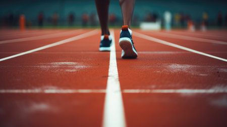 Athlete running on racetrack at stadium. Close up of athlete legs.の素材