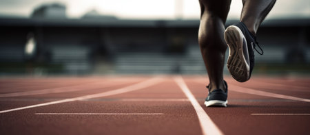 Athlete running on racetrack at stadium. Close up of athlete legs.の素材