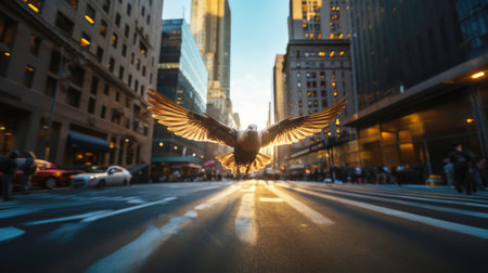 Close up shot of a flying dove in New York cityの素材