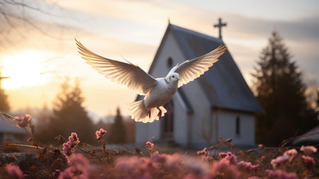 Dove flying in front of a village church in the sunset lightの素材
