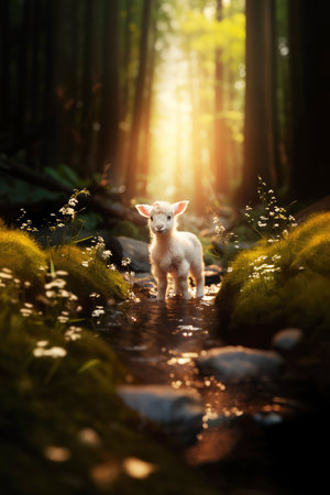 Lamb of God. Cute little white baby lamb standing in a stream in the forest. Christian conceptの素材