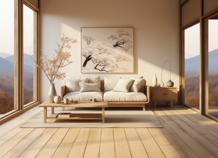 Interior of trendy modern living room with white sofa, wooden floor, panoramic window and mountain view. Japanese inspirationの素材