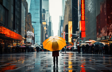 Man with umbrella walking in Times Square, New York City, USAの素材