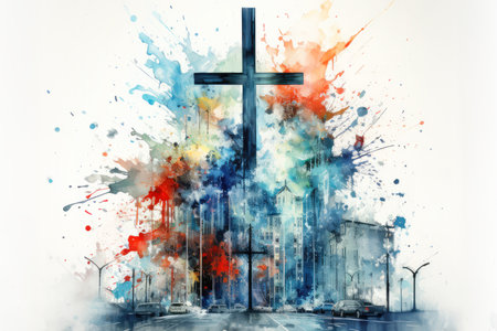 Cross in the city with colorful watercolor splashes. Christian concept.の素材