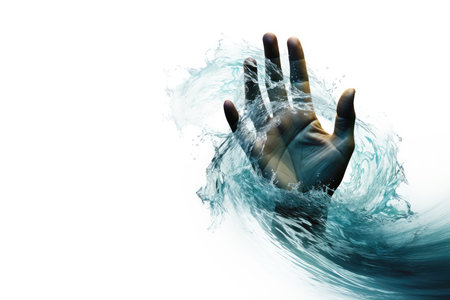 Jesus Calms the Storm. Power over Nature. Minimalistic image of a turbulent wave, about to crash, yet halted by a serene hand's silhouetteの素材