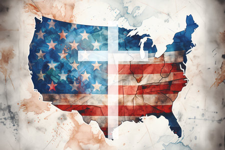 Cross over grunge United States of America map with national flag on old paperの素材